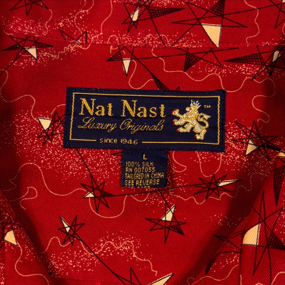 Nat Nast Luxury Originals Red 100% Silk Atomic Starburst Camp Shirt Mens L - Picture 4 of 7